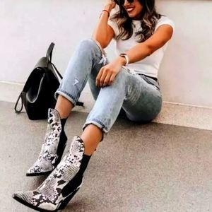 ZARA Snakeskin Pointed Toe Cowboy Boots Booties 38